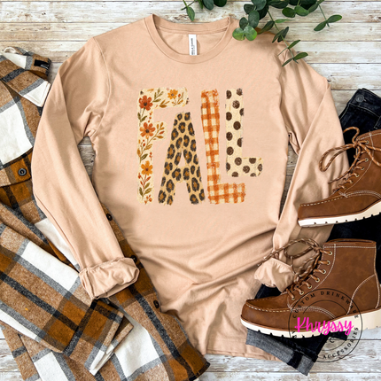 Sand Dune long sleeve tee with the FALL leopard plaid and floral letters graphic
