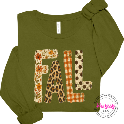 Olive long sleeve tee with the autumn leopard print FALL graphic