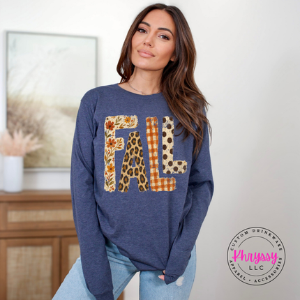 Heather navy Bella+Canvas tee with FALL leopard and plaid lettering.