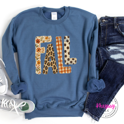 Indigo Blue crewneck sweatshirt with the retro FALL floral and plaid lettering print