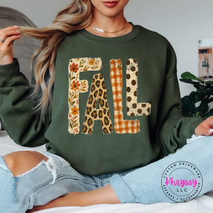Military Green crewneck sweatshirt with the fall patterned letters leopard and polka dot design