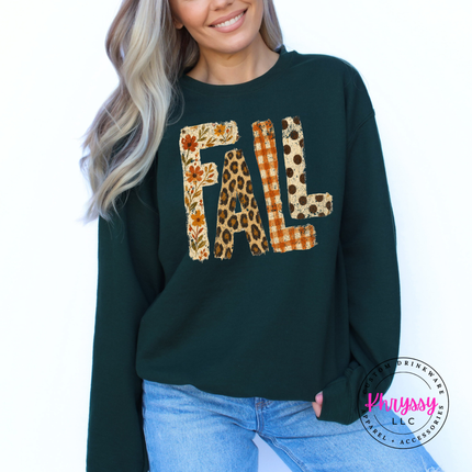 Forest crewneck sweatshirt with the FALL leopard plaid and floral letters graphic