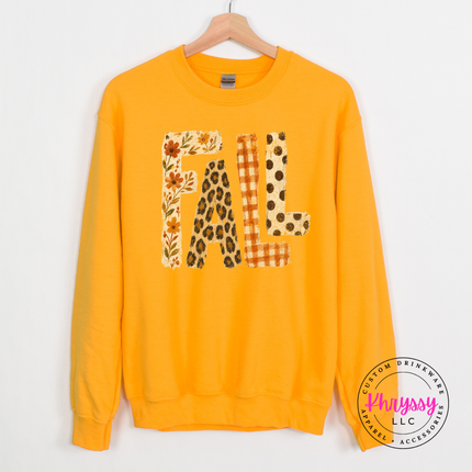 Gold crewneck sweatshirt with the fall patterned letters leopard and polka dot design