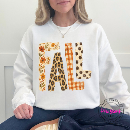 White colored cozy crewneck with rust floral and polka dot lettering.