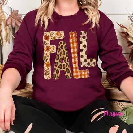 Maroon crewneck sweatshirt with the FALL leopard plaid and floral letters graphic