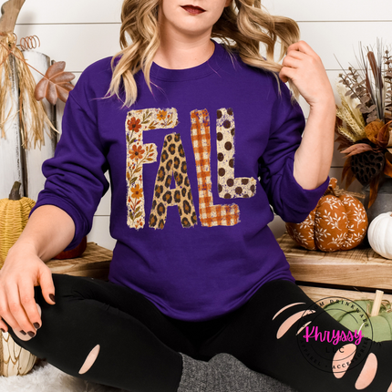 Purple crewneck with FALL leopard and floral lettering.
