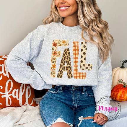 Ash crewneck with FALL leopard and floral lettering.