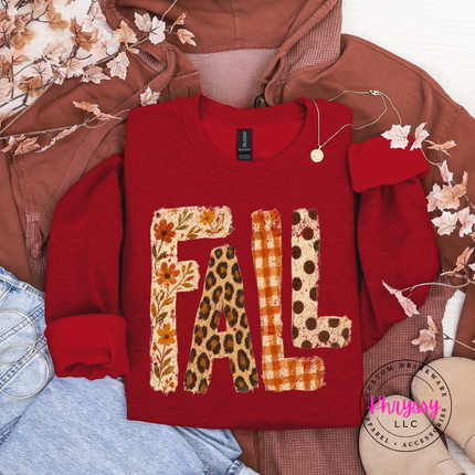 Cardinal red heavyweight sweatshirt featuring autumn plaid FALL design.