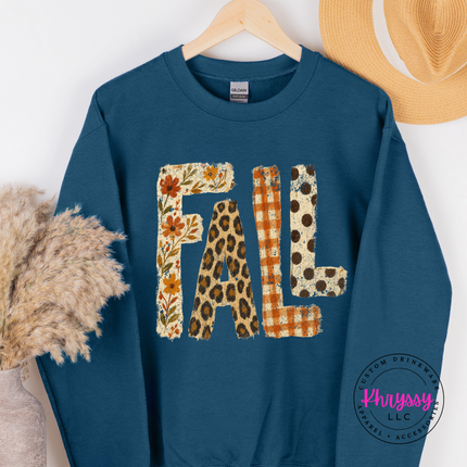 Lagoon Blue crewneck with buffalo plaid and leopard print FALL graphic.