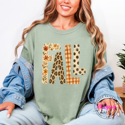 Bay tee with the FALL leopard plaid and floral letters graphic