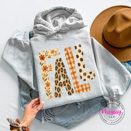 Ash hoodie with the FALL leopard plaid and floral letters graphic
