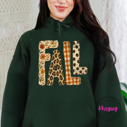Forest hoodie with the retro FALL floral and plaid lettering print