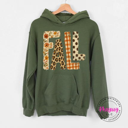 Military Green hoodie with the retro FALL floral and plaid lettering print