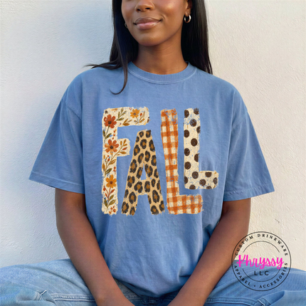 Blue Jean tee with the fall patterned letters leopard and polka dot design