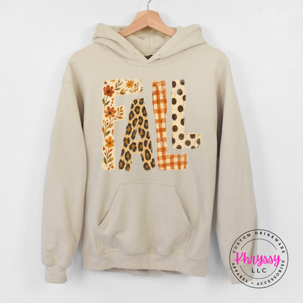 Sand hoodie with the FALL leopard plaid and floral letters graphic