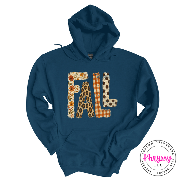 Legion blue colored fleece hoodie with autumn polka dot lettering design.