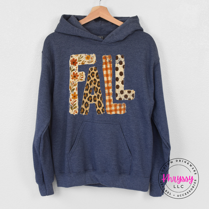 Heather Navy Gildan hoodie with buffalo plaid and leopard print FALL graphic.