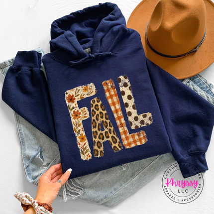 Navy hoodie with the autumn leopard print FALL graphic