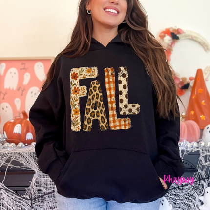 Black hoodie with the fall patterned letters leopard and polka dot design