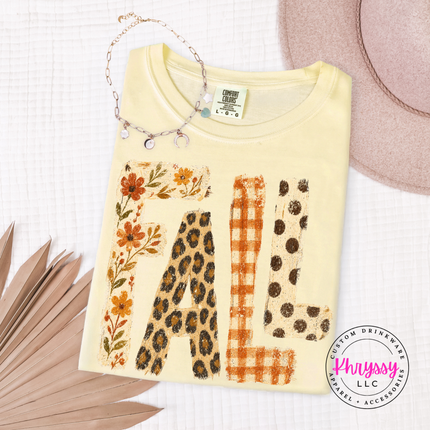 Butter tee with the retro FALL floral and plaid lettering print