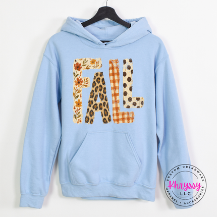 Light blue cozy hoodie featuring rust floral FALL text design.