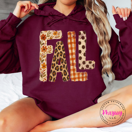 Maroon hoodie with the fall patterned letters leopard and polka dot design