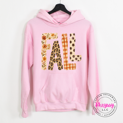 light pink gildan hoodie with buffalo plaid and leopard print FALL graphic.