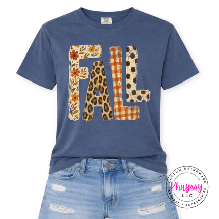 Washed denim soft cotton shirt with buffalo plaid and leopard FALL lettering.