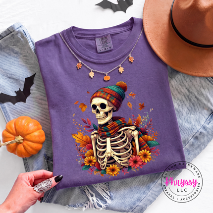 Grape tee with the skeleton with plaid scarf and fall flowers design
