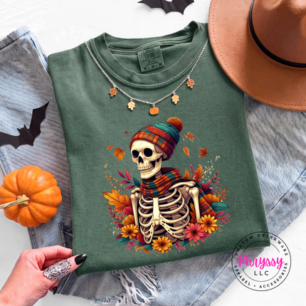 Hemp tee with the autumn skeleton sunflower bouquet print