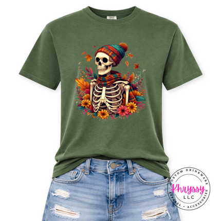 Moss tee with the spooky cozy skeleton fall graphic