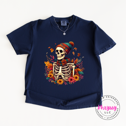 True Navy tee with the skeleton with plaid scarf and fall flowers design