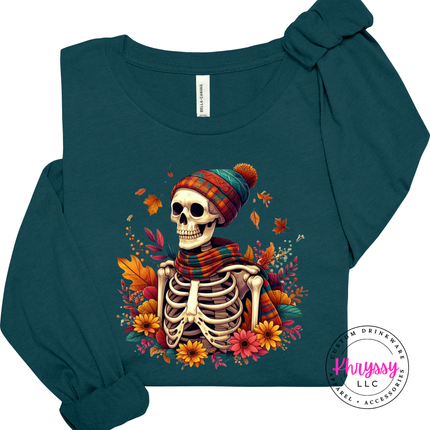Atlantic long sleeve tee with the cozy fall skeleton in a beanie graphic