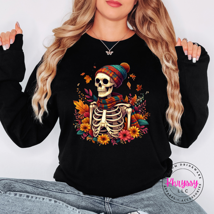 Black long sleeve tee with the skeleton with plaid scarf and fall flowers design