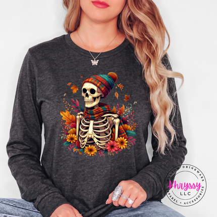 Dark Gray Heather long sleeve tee with the autumn skeleton sunflower bouquet print