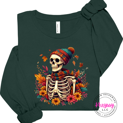 Forest long sleeve tee with the spooky cozy skeleton fall graphic