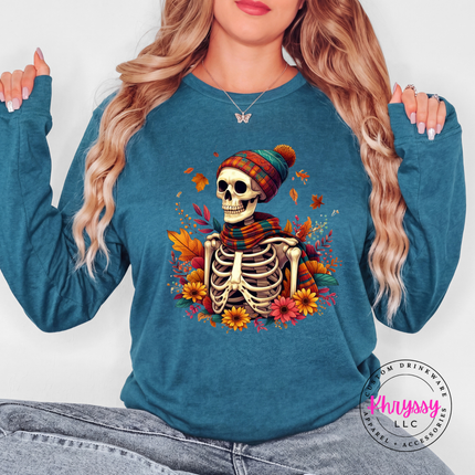 Heather Deep Teal long sleeve tee with the cozy fall skeleton in a beanie graphic