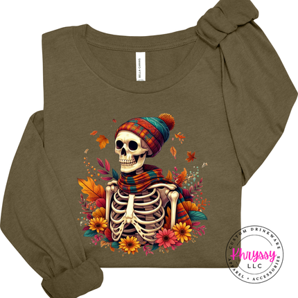 Heather Olive colored top with an illustrated fall skeleton graphic design.