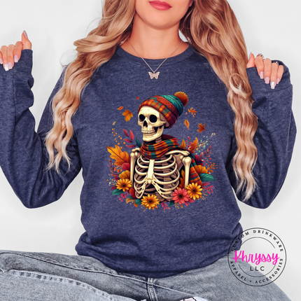 Heather Navy long sleeve tee with the skeleton with plaid scarf and fall flowers design