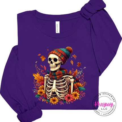 Team Purple long sleeve tee with the skeleton with plaid scarf and fall flowers design
