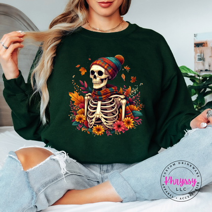 Forest crewneck sweatshirt with the skeleton with plaid scarf and fall flowers design