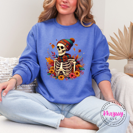 Heather Sport Royal crewneck sweatshirt with the autumn skeleton sunflower bouquet print