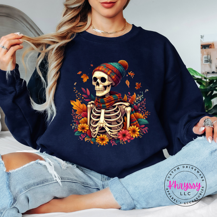 Navy crewneck sweatshirt with the autumn skeleton sunflower bouquet print