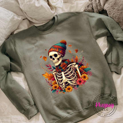 Military Green crewneck sweatshirt with the skeleton with plaid scarf and fall flowers design