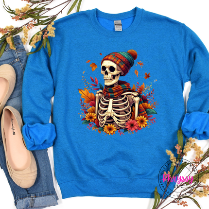 Sapphire crewneck sweatshirt with the skeleton with plaid scarf and fall flowers design