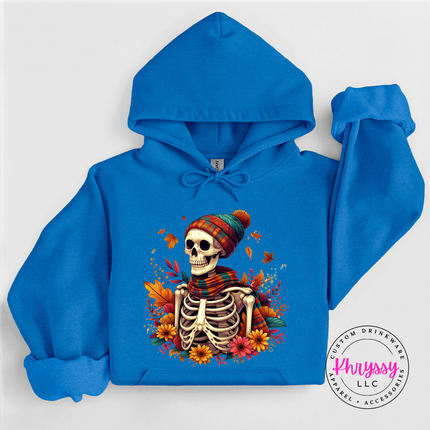 Antique Sapphire hoodie with the cozy fall skeleton in a beanie graphic