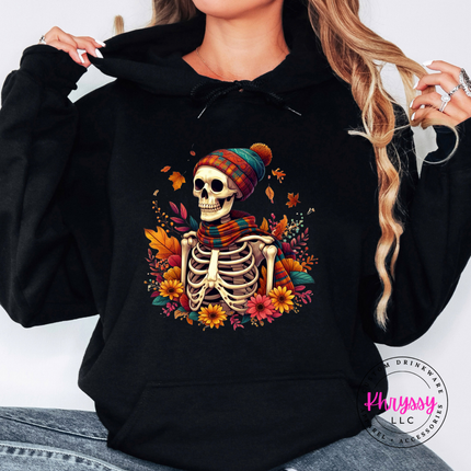 Black hoodie with the skeleton with plaid scarf and fall flowers design