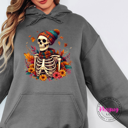 Charcoal hoodie with the autumn skeleton sunflower bouquet print