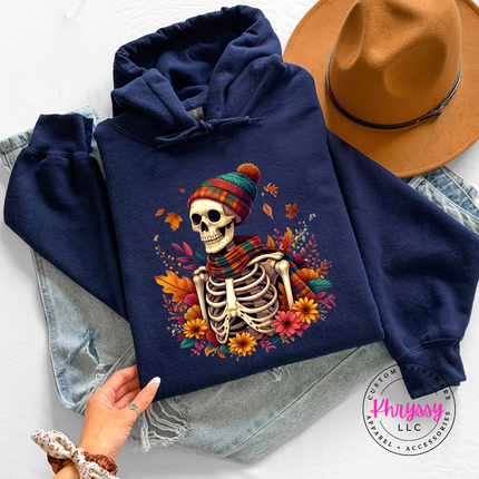 Navy hoodie with the autumn skeleton sunflower bouquet print