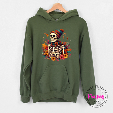 Military Green hoodie with the skeleton with plaid scarf and fall flowers design
